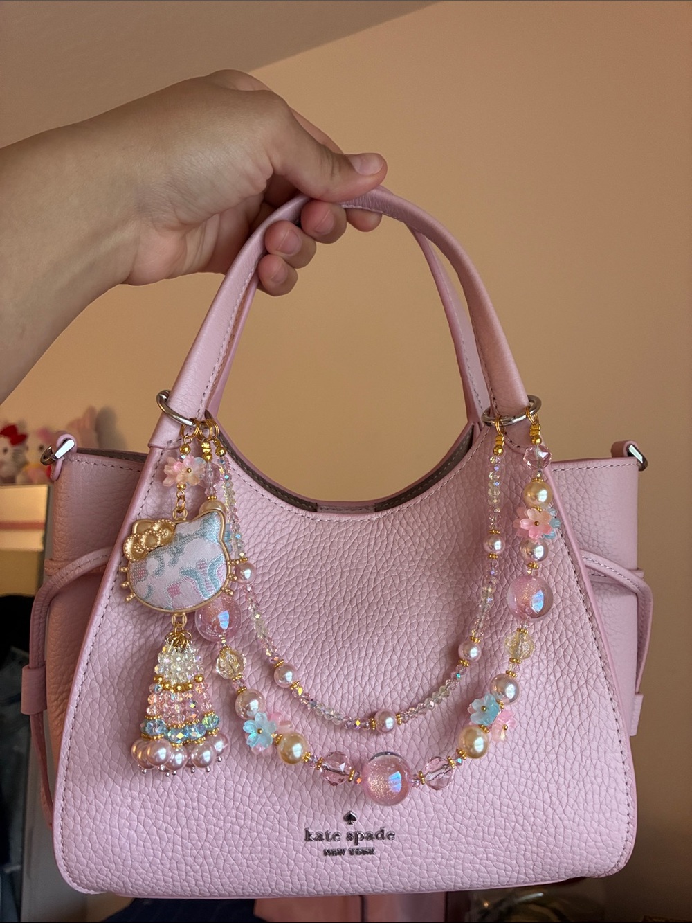 Pink Floral Hello Kitty Charm Beaded Bag Chain